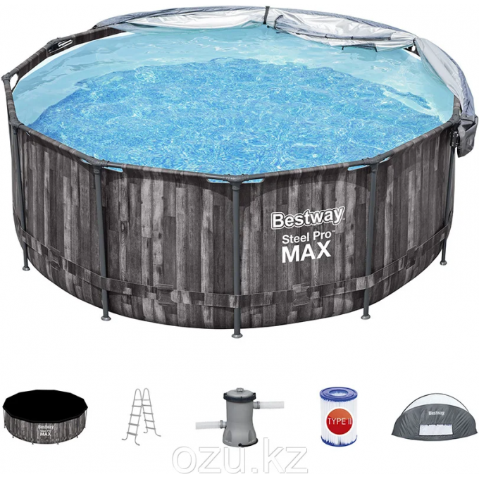 Каркасный бассейн BESTWAY STEEL PRO MAX 366х122см, 10250л, с навесом, фил.-насос 2006л/ч, лестница, тент 5619K BW