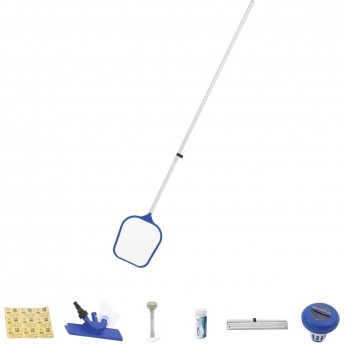 Набор для чистки бассейна BESTWAY (ручка 161 см, сачок, щетка, дозатор, термометр, тест-полоски, рем. набор)